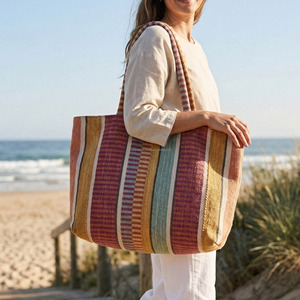 Custom Made Woven Cotton Handloom Stripe <b>Beach</b> Tote <b>Bag</b> <b>Lightweight</b> Summer Travel Shoulder Carry <b>Bag</b> for Women Clothes <b>Bag</b> - Product Image 4