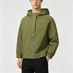 Veste coupe-vent à capuche pour homme, vert olive, respirante, fermeture éclair, style décontracté, vêtement de printemps, coupe régulière, matière polyester - Product Image 1