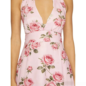 Robe longue d'été sans manches à imprimé floral rose romantique décontracté, coupe trapèze, style licou, pour femme, impression numérique - Product Image 4