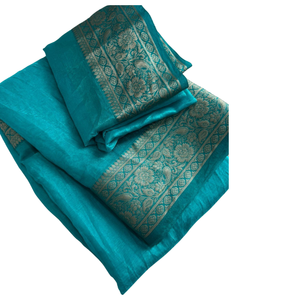 ผ้าไหมบาเนราสีเขียวอมฟ้าพรีเมียมพร้อมขอบปักดิ้นทองอย่างประณีต – ชุดแต่งงานแบบดั้งเดิมของอินเดีย - Product Image 1