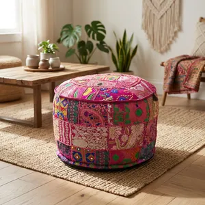 Boho Patchwork Round Pouf Cover Handmade Embroidered ottoman Floor Cushion Seating - Product Image 1