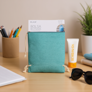 Borsa multiuso Ilan 13x18 cm, 2 pezzi, blu acquamarina, sacchetto portaoggetti con coulisse - Product Image 3