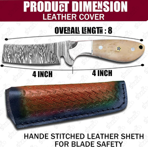 Cuchillo de caza y camping de hoja fija de acero de Damasco hecho a mano, estilo vaquero personalizado, con funda de cuero. - Product Image 2