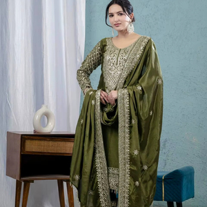 Costume de créateur moderne en soie Chinnon pure vert olive, brodé, avec dupatta lourd, idéal pour les fêtes, mariages et Diwali - Product Image 1