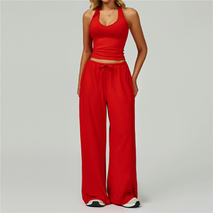 Women's <b>Pink</b> Halter Crop Top Yoga <b>Set</b> High Waist Wide Leg Pants 2 Piece Breathable Spandex Polyester Fitness Wear - Product Image 5
