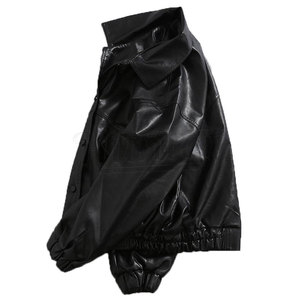 Men's Black PU Leather Jacket Workwear Style Turn-Down Collar Single <b>Button</b> Pockets Regular Fit Autumn Wear Solid Color <b>No</b> Hood. - Product Image 3