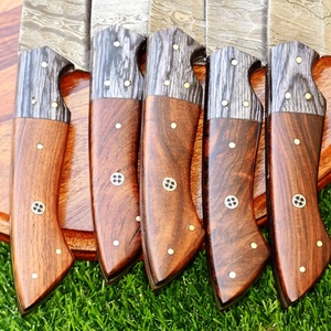 Ensemble de 5 couteaux de cuisine en acier Damas à lame droite faits à la main, manche en bois, étui en cuir, couteaux de survie, utilitaires, de chasse - Product Image 2