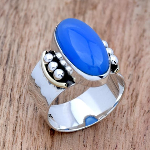 Anillo de Calcedonia Azul Hecho a Mano en Plata de Ley 925, Banda Ancha Martillada con Cuentas, Joyería de Moda para Mujer, Regalo, Venta al Por Mayor - Product Image 2
