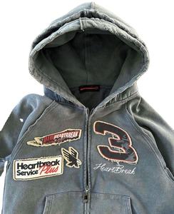 Sweat à capuche avec point réversible personnalisé Applique en détresse Broderie Stone Wash Sweat à capuche double à capuche surdimensionné avec fermeture éclair - Product Image 3