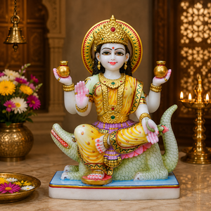 Ganga Mata Marble Idol Seated on Crocodile | Four Armed Goddess with Sacred Pots, Lotus and Golden Crown by MALIYAS Jaipur - Product Image 1