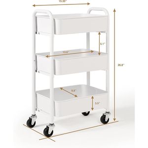 Carrello portaoggetti in metallo a 3 ripiani compatto e mobile, con ruote, per cucina o sotto scrivania, bianco - Product Image 4