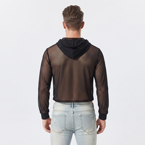 Men's Black Sheer Mesh Hoodie Crop Long Sleeve <b>Fishnet</b> Mesh Hoodies Men 100% Polyester Beachwear Mesh Hoodies Mens - Product Image 4