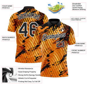 Professional Sublimated Baseball Jersey Men's Short Sleeve Moisture Wicking Performance <b>Polo</b> Shirt <b>Orange</b> Black Pattern Print - Product Image 3