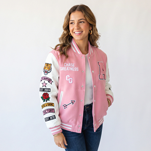 Veste universitaire pour femme avec logo personnalisé, manches en cuir blanc, coupe-vent en laine, manches amovibles, veste d'hiver en soie et lin, vente en gros - Product Image 1