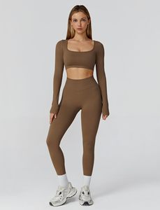 Ensemble de yoga sans couture 2 pièces : haut court taille haute et leggings longs, couleur unie, col carré, dos croisé, tenue de sport pour femme - Product Image 4
