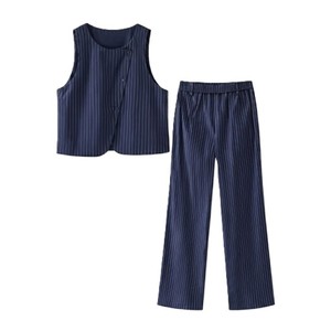 Ensemble long 2 pièces pour femme, gilet sans manches et pantalon rayés tissés, col boutonné, décontracté, respirant, 100% coton, tenue d'été - Product Image 1