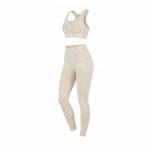 Women <b>Cream</b> Beige Acid Wash Yoga Set Sports Bra High Waist <b>Leggings</b> Gym Fitness Workout Activewear - Product Image 1