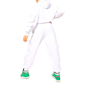 Women 100% Cotton Breathable Casual Solid Color <b>White</b> Full Length <b>Cargo</b> Tracksuit Crew Neck Long Sleeve Crop Top Set For Sale - Product Image 3