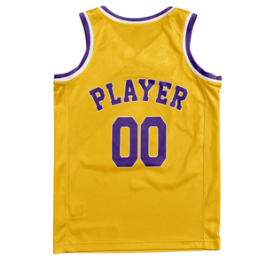 Ensemble d'uniformes de basket-ball jaunes personnalisés, style rétro, avec col blanc et violet, maillot et short, nom et numéro de l'équipe, style classique - Product Image 4