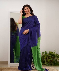 <b>Reversible</b> Blue And Green Silk Saree Traditional Indian <b>Dress</b> For Women Casual Wear All Seasons Regular Fit Floor Length - Product Image 1