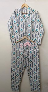 Artisanal Hand Block Printed Cotton Pajama Set Elegant Floral Mughal Motif Summer Nightwear Soft Breathable Quick Dry Sleepwear - Product Image 2