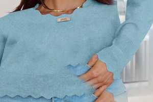 ONETEN Suéter de punto de manga larga con cuello redondo azul claro para mujer, jersey informal de otoño - Product Image 6