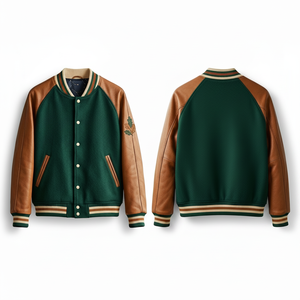 Chaqueta Varsity de Piel Sintética Verde para Hombre Harmony & Wander, Diseño Bordado de Luna y Montaña, Ropa Casual de Otoño - Product Image 4