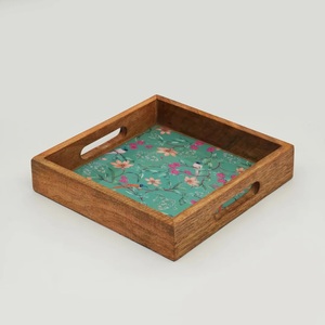 Plateau de service carré compact en bois, magnifique plateau en bois artisanal imprimé bleu design pour commandes en gros et cadeaux - Product Image 6