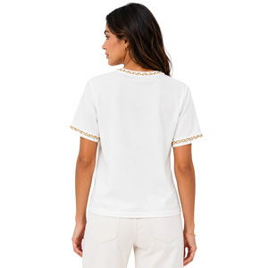 White Crewneck Tee Metallic Chain Trim Accent Detail Custom Logo Women's Shirts Premium Cotton Summer Short Sleeve Casual Blouse - Product Image 2