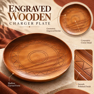 Assiette de service durable en bois de manguier gravée, 11 pouces, bordure géométrique, détail cercle concentrique |   Miroir de mariage moderne, peu profond et poli - Product Image 5