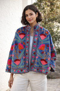 Hot Blue Embroidery Winter Knitted Cotton Velvet Bomber <b>Jacket</b> Floral Suzani Reversible Outerwear Satin <b>Mandarin</b> <b>Collar</b> Quilted - Product Image 4