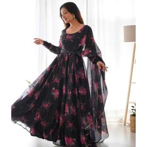Vestido de Trabajo Elegante con Estampado Floral de Georgette con Dupatta Negro - Product Image 1