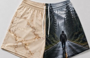 Shorts imprimés écologiques pour hommes, logo frontal, motif marbré et forestier, tissu en toile à séchage rapide, taille à cordon de serrage, style décontracté - Product Image 2