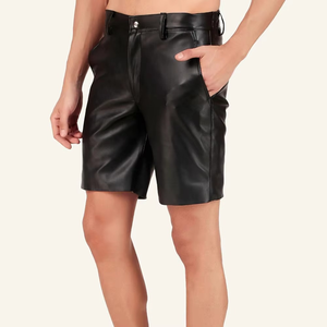 Pantalones Cortos de Cuero Genuino Negro Sólido para Hombre, Cierre con Botones, Cintura Media, Bolsillos con Cordón, Tejido Transpirable de Secado Rápido - Product Image 5