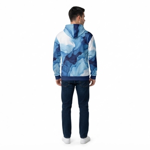 Sudadera con Capucha Azul y Blanca para Hombre con Estampado Abstracto de Acuarela, Bolsillo Tipo Canguro, Sudadera Personalizada de Estilo Urbano - Product Image 2