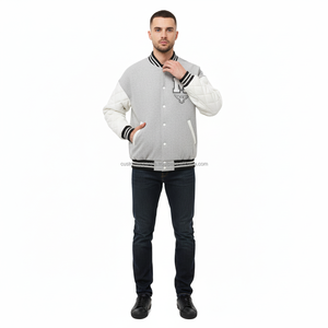 Custom Quilted Sheep Leather <b>Varsity</b> <b>Jacket</b> with Premium Cotton Fleece & Chenille Embroidery Stand Collar Covered Button <b>Jackets</b> - Product Image 3
