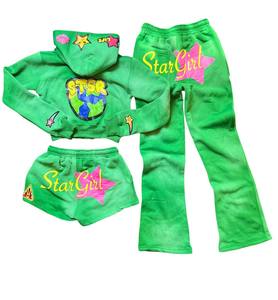 Conjunto de chándal verde con capucha para niñas, sudadera de algodón con estampado StarGirl, pantalones cortos, ropa informal de primavera - Product Image 1