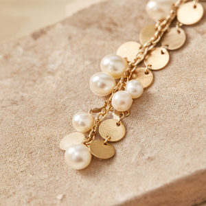 Pearl Earrings Matte Gold Plated Coin Style Chain with Pearls - Product Image 3