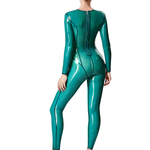 Mono largo de mujer en PU color verde azulado con manga larga, cintura alta, ajustado al cuerpo, estilo clubwear con detalle de cremallera - Product Image 2