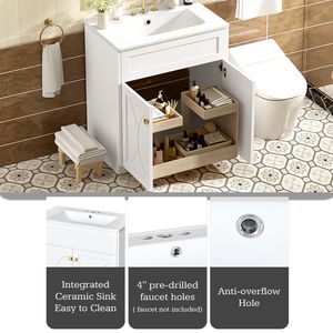 Meuble-lavabo autoportant moderne de 30 pouces avec vasque en céramique intégrée, armoire de rangement à fermeture douce et poignées dorées - Product Image 6