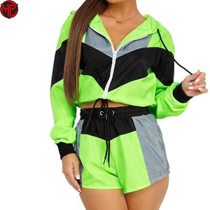 Color Block <b>Women</b> <b>Windbreaker</b> Shorts Set Zip Up Hooded Jacket 2 Piece Tracksuit Quick Dry Streetwear - Product Image 1