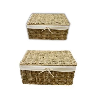 Wicker SEAGRASS <b>STORAGE</b> <b>BASKET</b> <b>Storage</b> Box with Lid and Cotton Liner – Rectangular <b>Basket</b> Set for Home Decor - Product Image 1