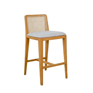 Wholesale Oscar Premium Solid Teak Wood Scandinavian Monroe Upholstered Rattan <b>Stool</b> Bar Chair <b>Cushioned</b> Seat Cane Back Durable - Product Image 1