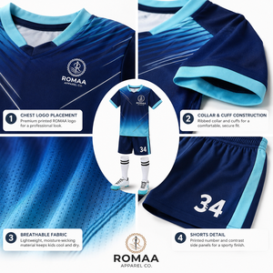Kids Navy Blue Sky Blue White Custom Soccer Uniform Kit Jersey Shorts <b>Socks</b> Set Sublimated Youth Teamwear OEM Premium Fit - Product Image 6