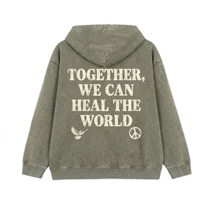 เสื้อฮู้ดวินเทจลายกราฟิก "No Winners In War" สีเขียวเซจ แบบย้อมสีเอซิด สไตล์สตรีทแวร์ ขายส่ง - Product Image 2