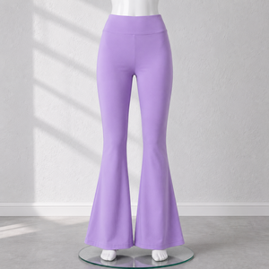 High Waist Flare <b>Pants</b> Women Solid Color Knitted Full Length Elastic Waist Casual Summer Purple Spandex Polyester <b>Pants</b> - Product Image 4
