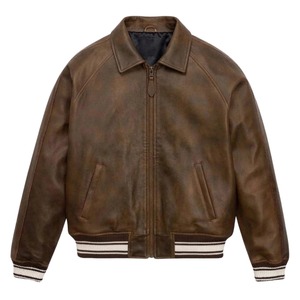 Blouson aviateur en cuir véritable marron pour homme, col rabattu, fermeture éclair, coupe décontractée, automne, avec poignets et ourlet côtelés - Product Image 1