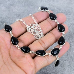Brass Plated Black Onyx Flower Bezel <b>Statement</b> Minimalist <b>Necklace</b> with Unique Chain 18 Inch Party Wedding Jewelry - Product Image 1