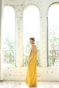 Women Yellow Slip Dress <b>Spaghetti</b> <b>Strap</b> Maxi Dress Loose Fit Summer Cotton Satin Dress Minimalist Casual Long Dress - Product Image 2
