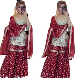 Colección de trajes Sharara Salwar/Palazzo de seda Chinon con bordados elaborados para bodas étnicas indias modernas - Product Image 1